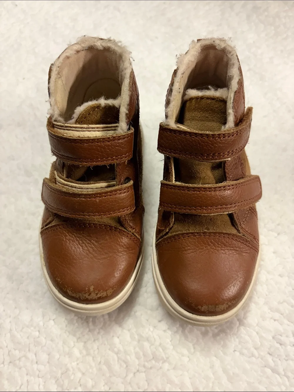 UGG size 8 Kids Brown & Tan Leather Suede Velcro Boots with Blue Tread